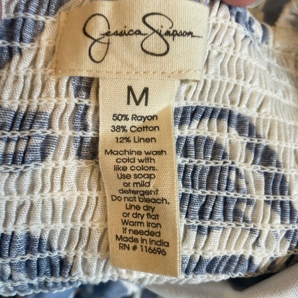 Jessica Simpson Blue White Floral Hawaiian Cami Maxi Dress Linen Sz M Boho Glam - Picture 8 of 8